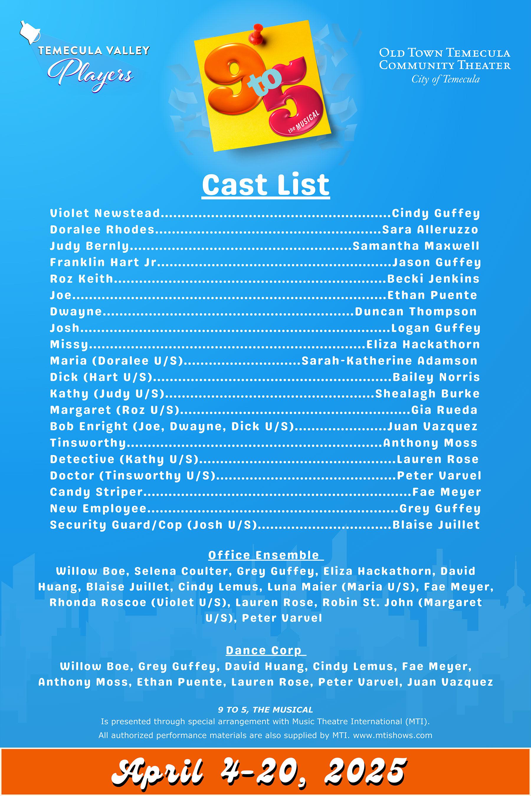 Cast list for 9-to-5 the musical